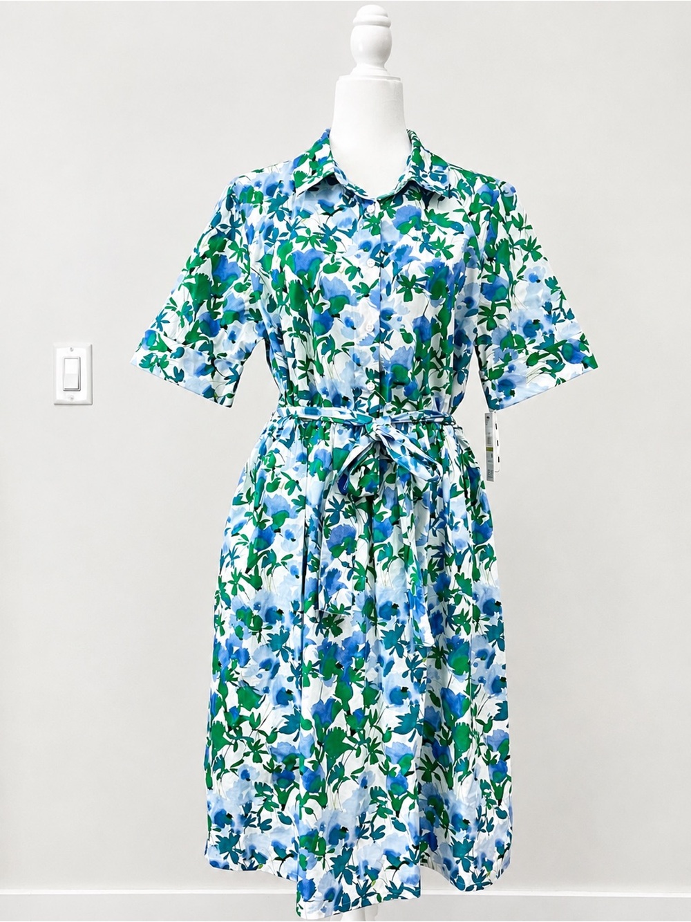 DKNY Floral Button-Front Midi Dress in Blue & Green Size 14